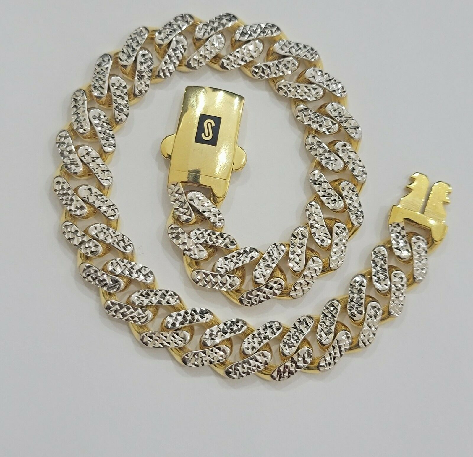 Real 10k Gold Monaco Bracelet 9mm 8.5" Two - tone Diamond Cut 10kt Gold SALE, mens - Reva Jeweler