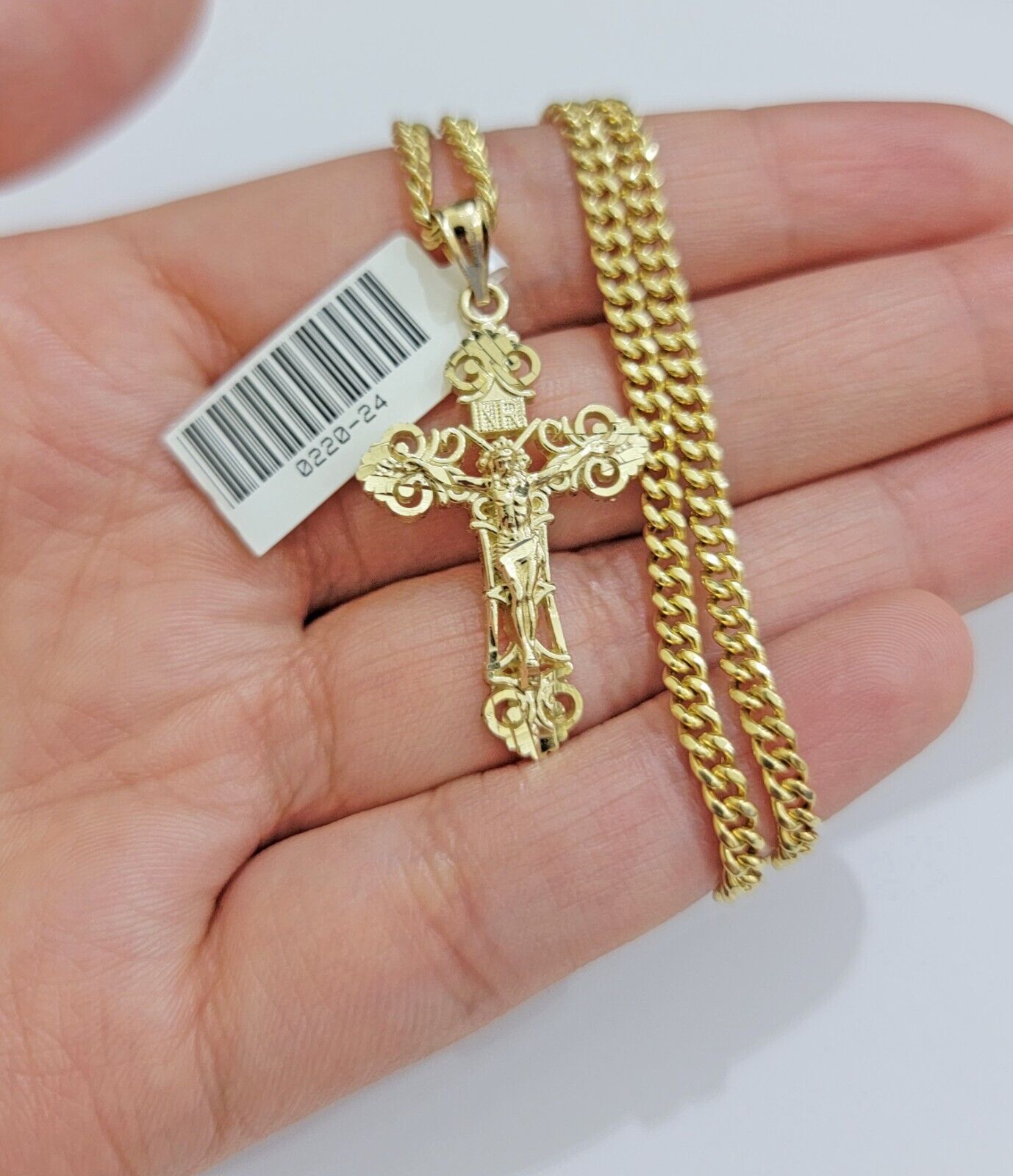 Real 10k Gold Necklace Chain Jesus Cross Charm Pendant SET 3mm Miami Cuban Link - Reva Jeweler
