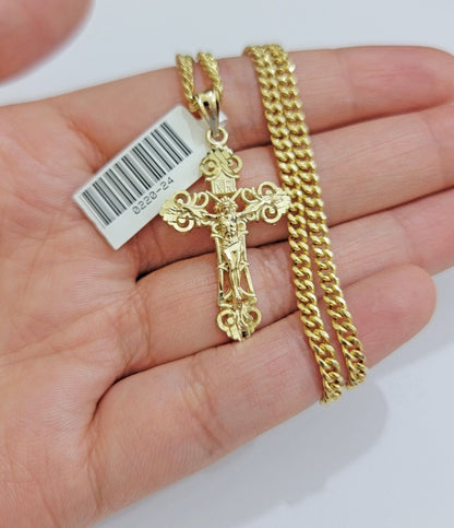 Real 10k Gold Necklace Chain Jesus Cross Charm Pendant SET 3mm Miami Cuban Link - Reva Jeweler