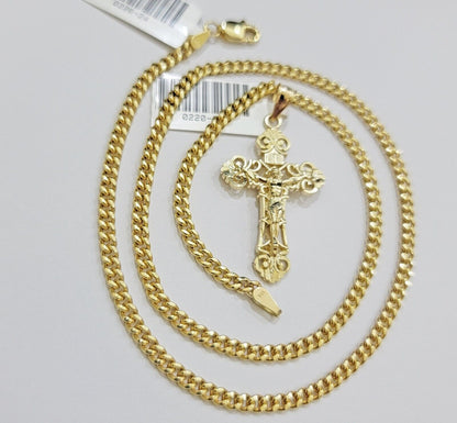Real 10k Gold Necklace Chain Jesus Cross Charm Pendant SET 3mm Miami Cuban Link - Reva Jeweler