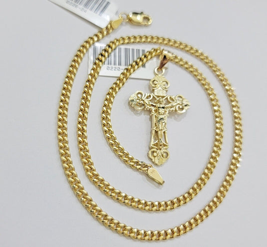 Real 10k Gold Necklace Chain Jesus Cross Charm Pendant SET 3mm Miami Cuban Link - Reva Jeweler
