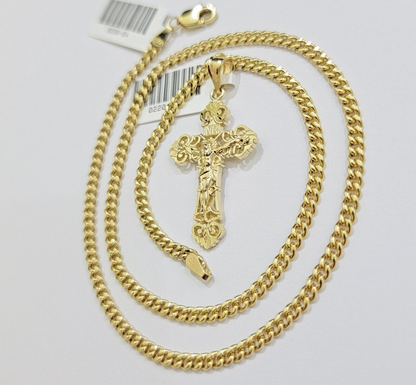 Real 10k Gold Necklace Chain Jesus Cross Charm Pendant SET 3mm Miami Cuban Link - Reva Jeweler