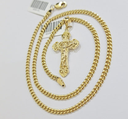 Real 10k Gold Necklace Chain Jesus Cross Charm Pendant SET 3mm Miami Cuban Link - Reva Jeweler
