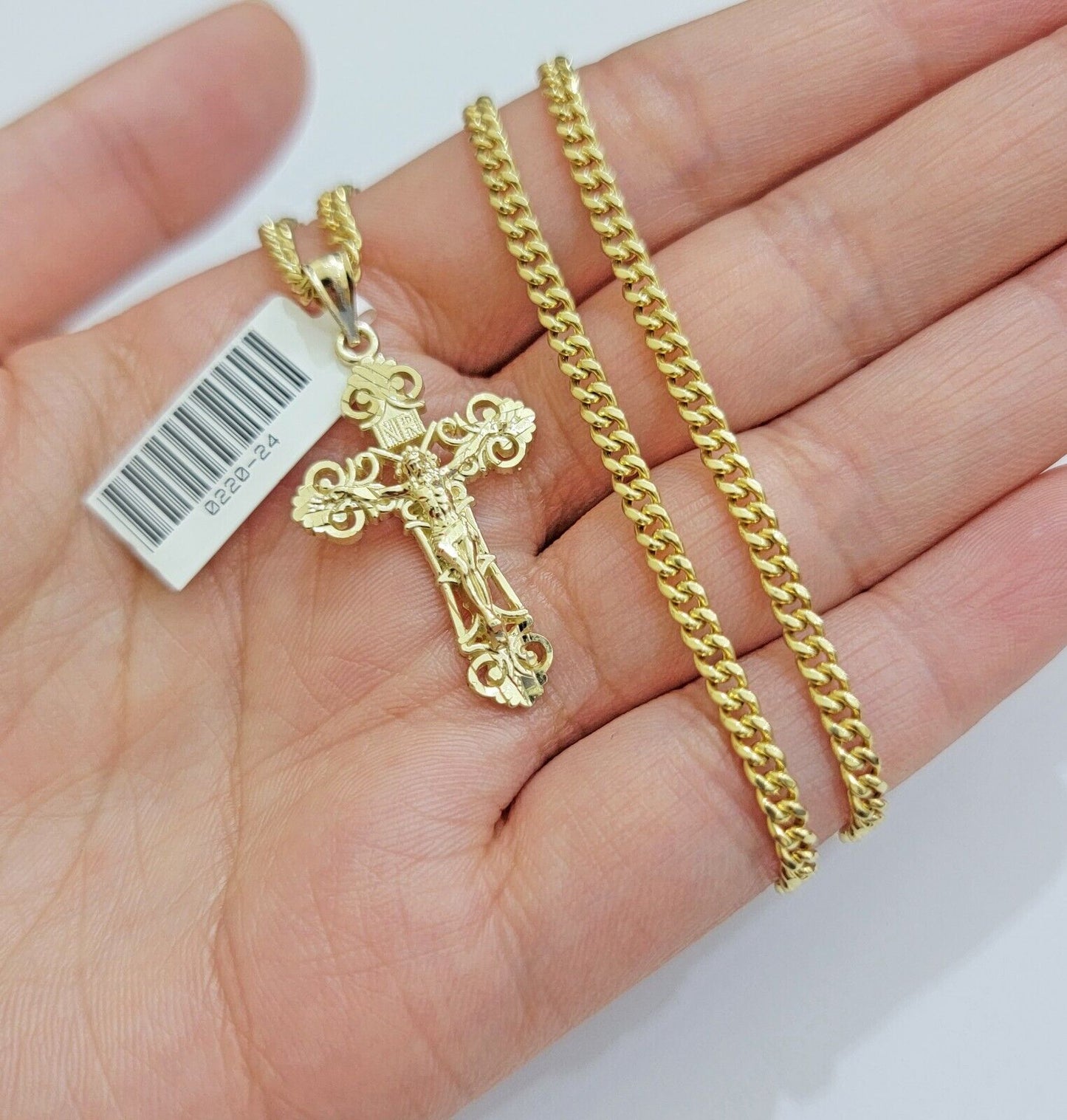 Real 10k Gold Necklace Chain Jesus Cross Charm Pendant SET 3mm Miami Cuban Link - Reva Jeweler