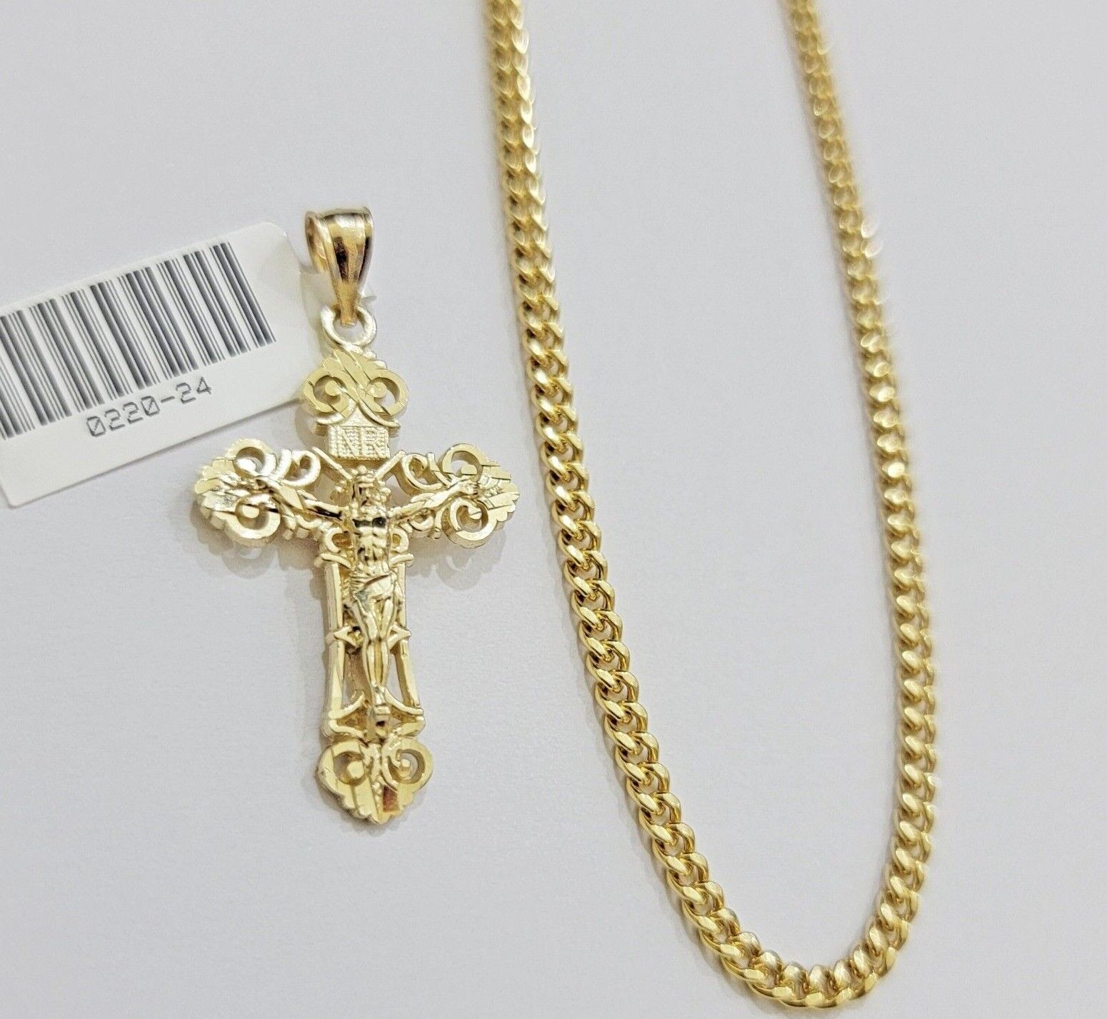 Real 10k Gold Necklace Chain Jesus Cross Charm Pendant SET 3mm Miami Cuban Link - Reva Jeweler