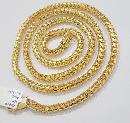 Real 10k Gold Necklace Franco Chain 4mm 24Inch Diamond Cut 10k Yellow Gold SOLID - Reva Jeweler