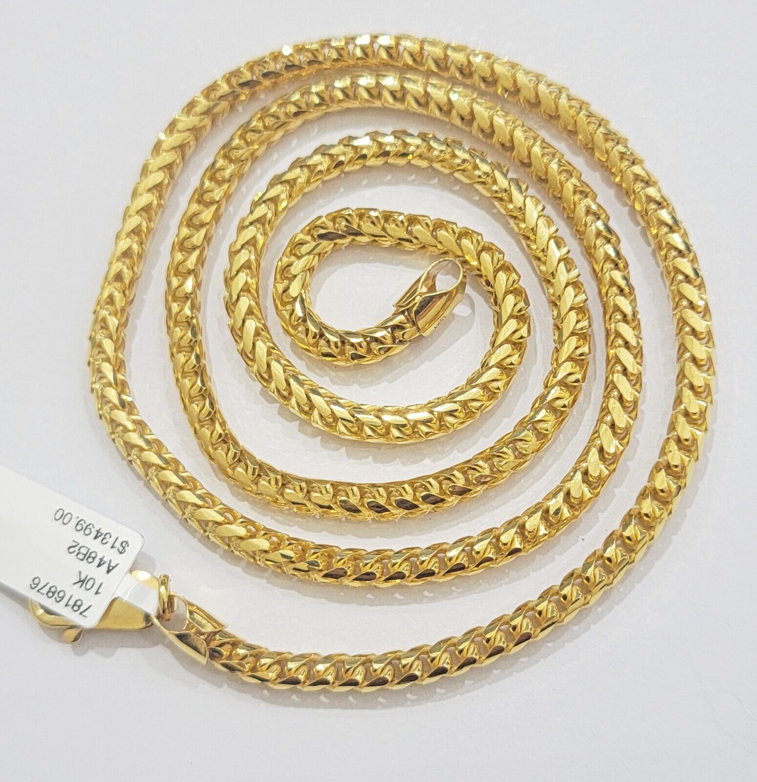 Real 10k Gold Necklace Franco Chain 4mm 24Inch Diamond Cut 10k Yellow Gold SOLID - Reva Jeweler