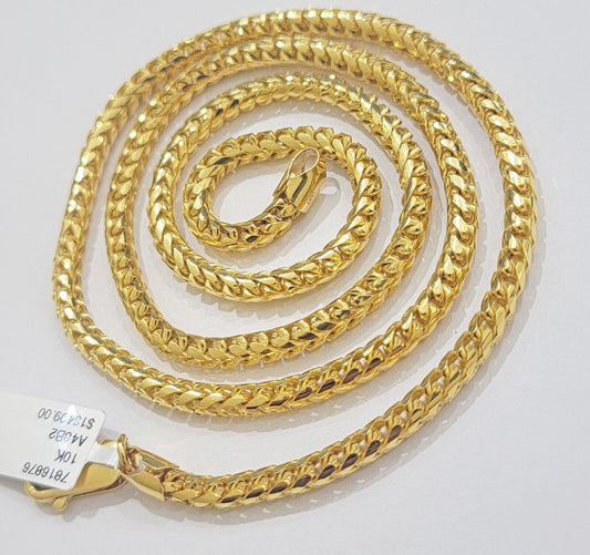 Real 10k Gold Necklace Franco Chain 4mm 26Inch Diamond Cut 10k Yellow Gold SOLID - Reva Jeweler