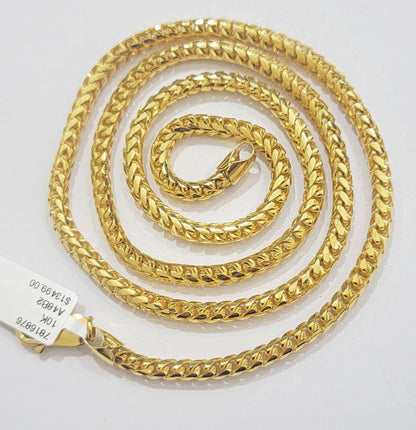 Real 10k Gold Necklace Franco Chain 4mm 26Inch Diamond Cut 10k Yellow Gold SOLID - Reva Jeweler