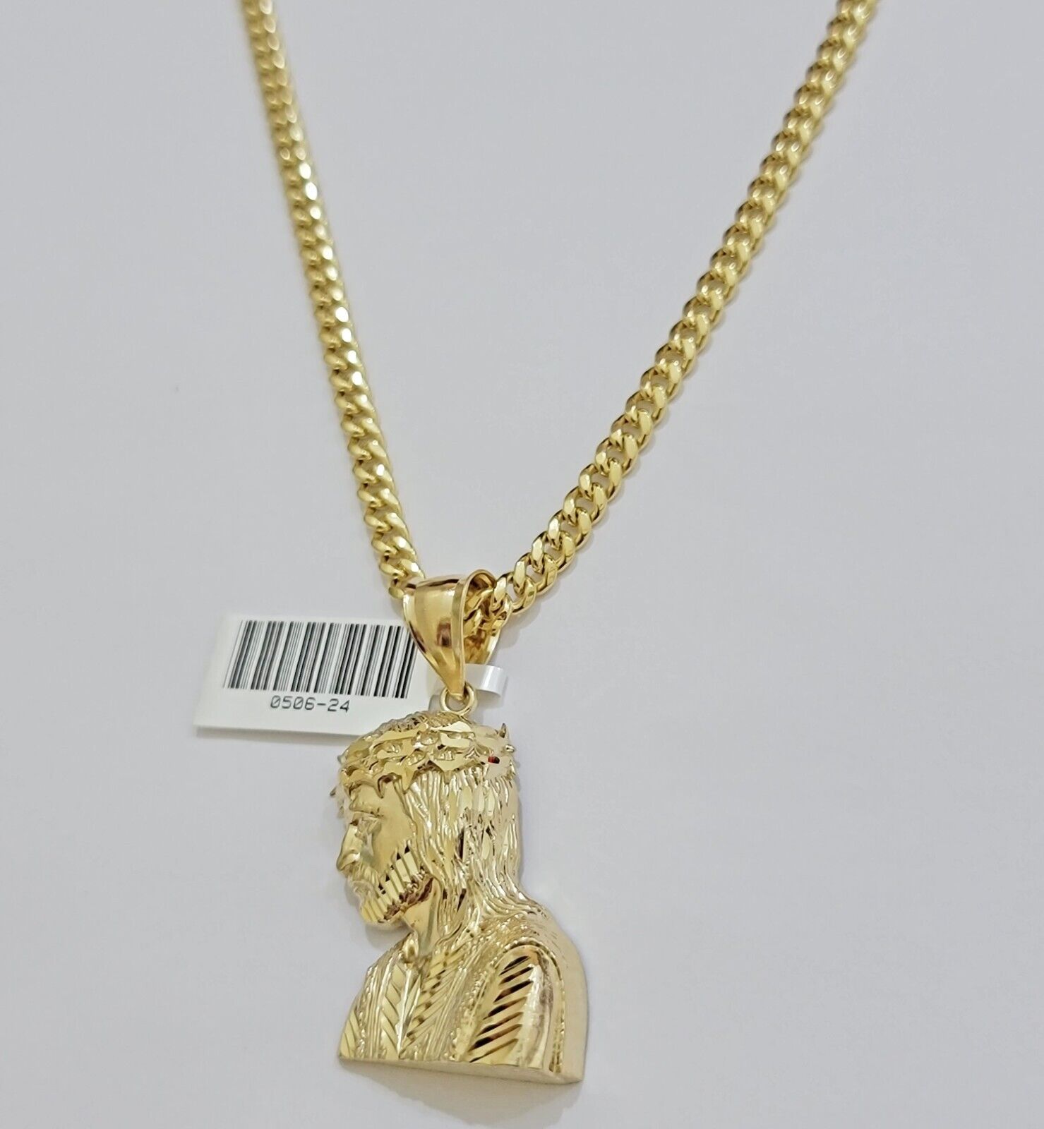 Real 10k Gold Necklace Jesus Charm Pendant SET & Miami Cuban Link Chain 4mm 26" - Reva Jeweler