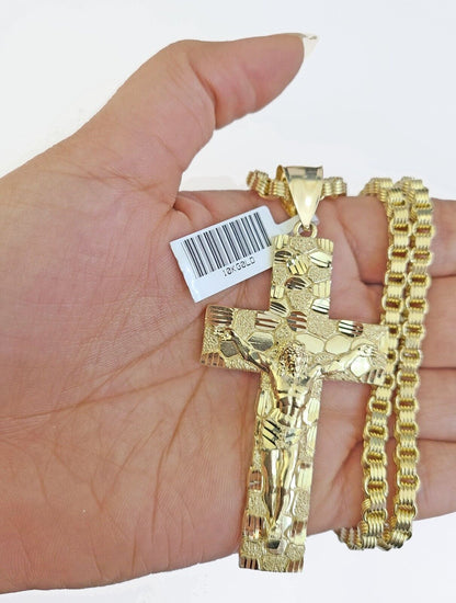 Real 10k Gold Nugget Cross Byzantine Chain Necklace 4mm 24" Chain Charm SET 10kt - Reva Jeweler