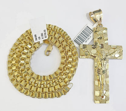 Real 10k Gold Nugget Cross Byzantine Chain Necklace 4mm 24" Chain Charm SET 10kt - Reva Jeweler