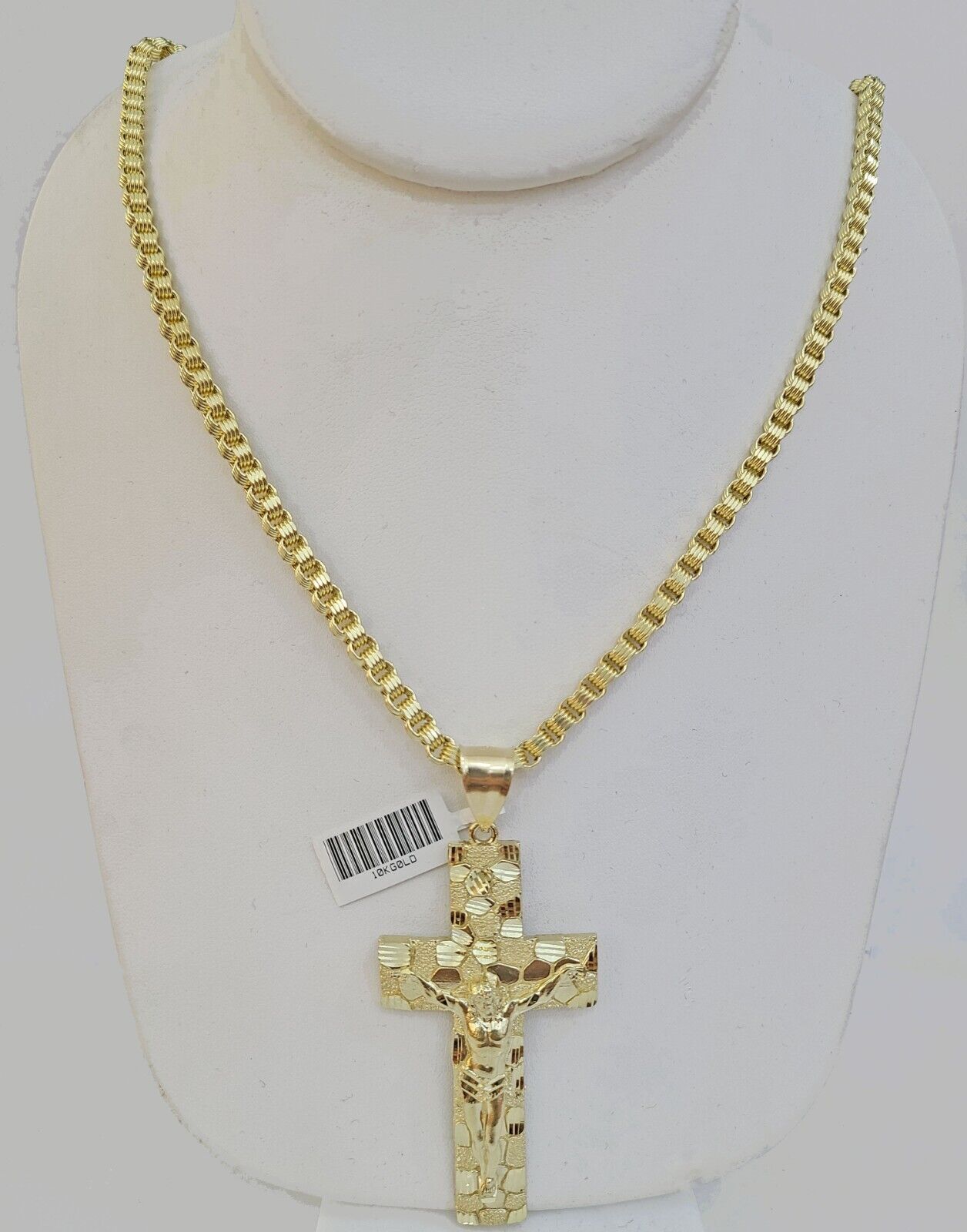 Real 10k Gold Nugget Cross Byzantine Chain Necklace 4mm 26" Chain Charm SET 10kt - Reva Jeweler