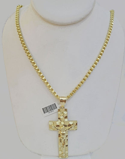 Real 10k Gold Nugget Cross Byzantine Chain Necklace 4mm 26" Chain Charm SET 10kt - Reva Jeweler