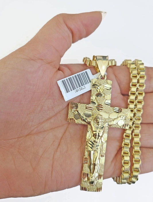 Real 10k Gold Nugget Cross Byzantine Chain Necklace 4mm 26" Chain Charm SET 10kt - Reva Jeweler