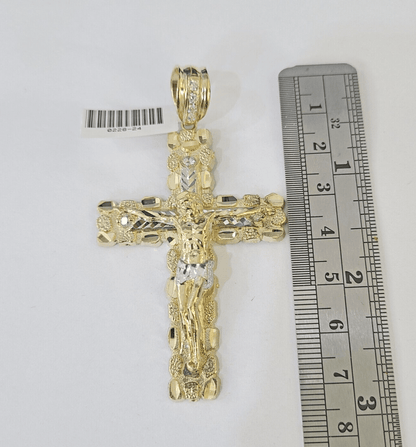 Real 10k Gold Nugget Cross Byzantine Chain Necklace 6mm 24" Chain SET Yellow - GoldenlinQ