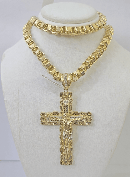 Real 10k Gold Nugget Cross Byzantine Chain Necklace 6mm 24" Chain SET Yellow - GoldenlinQ