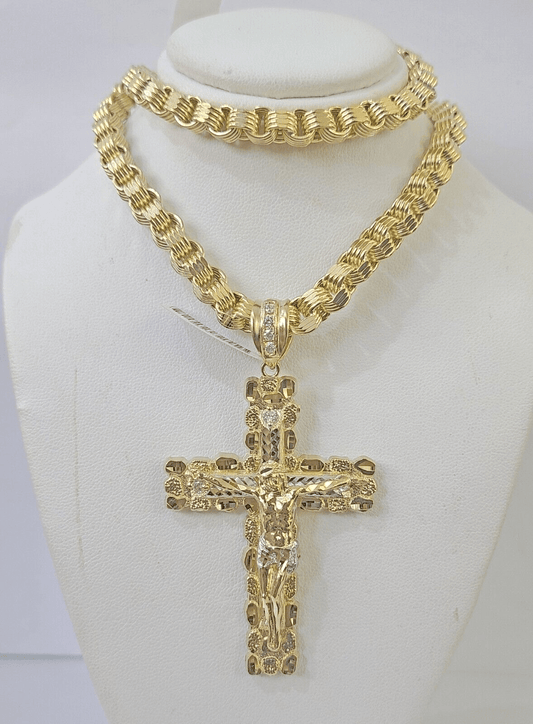 Real 10k Gold Nugget Cross Byzantine Chain Necklace 6mm 24" Chain SET Yellow - GoldenlinQ