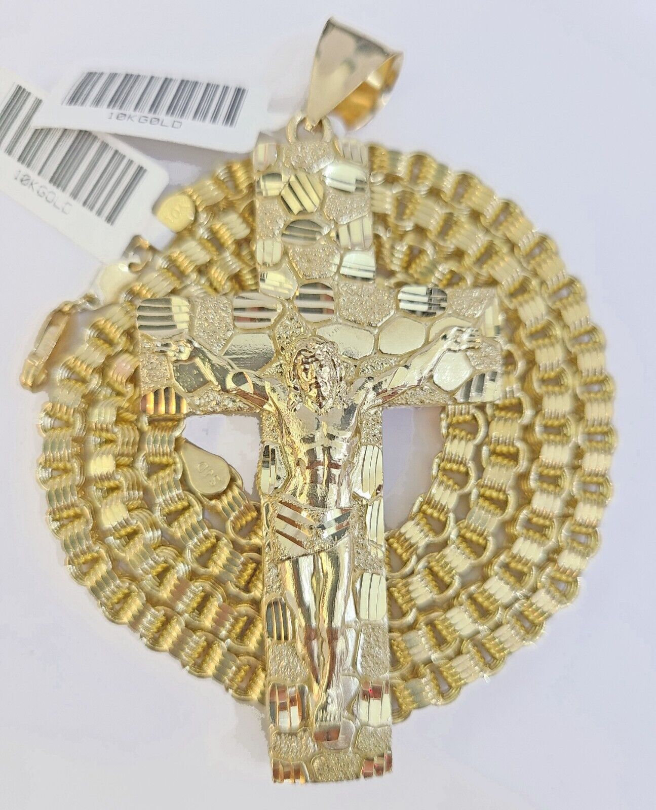 Real 10k Gold Nugget Cross Byzantine Necklace 4mm 20" Chain Charm SET 10kt - Reva Jeweler