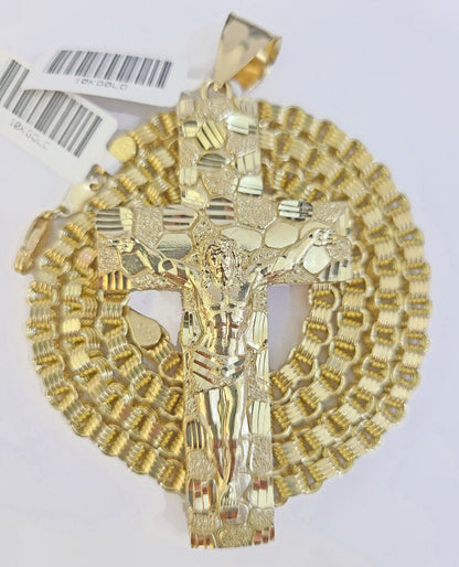Real 10k Gold Nugget Cross Byzantine Necklace 4mm 20" Chain Charm SET 10kt - Reva Jeweler