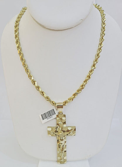 Real 10k Gold Nugget Cross Byzantine Necklace 5mm 22" Chain Charm SET 10kt - Reva Jeweler