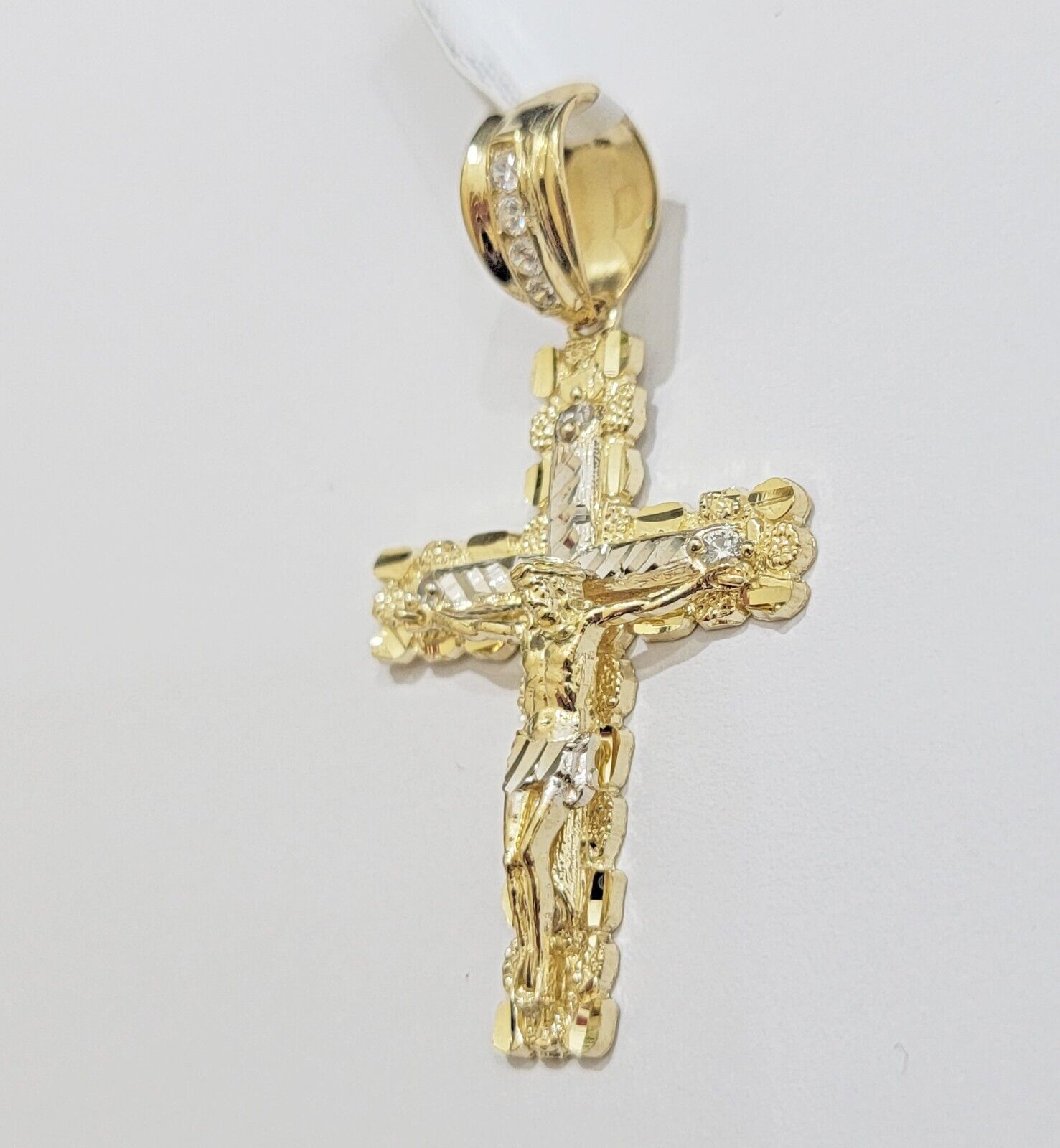 Real 10k Gold Nugget Cross Charm pendant Cuban Link Chain Necklace 5mm 24" Set - Reva Jeweler