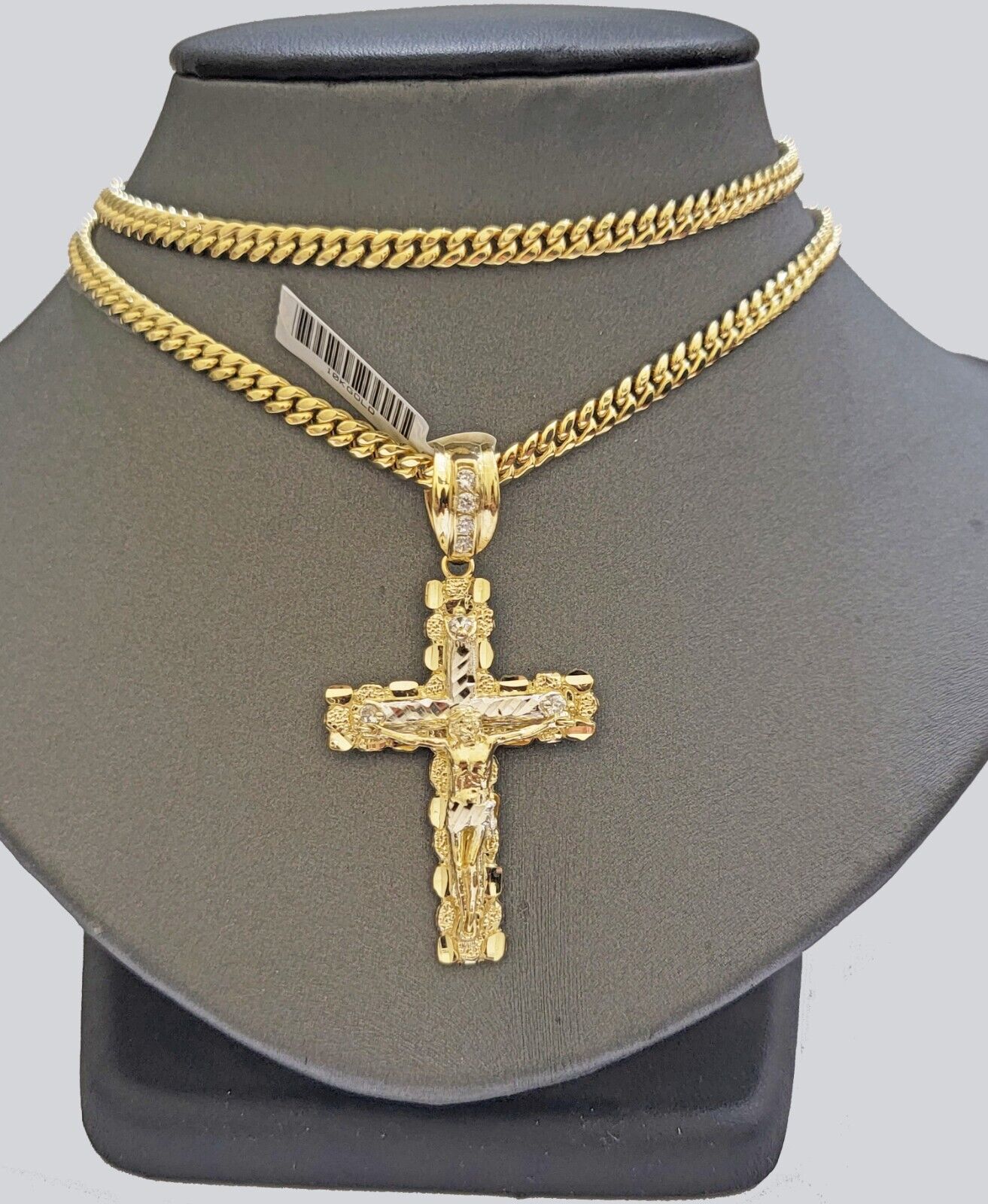 Real 10k Gold Nugget Cross Charm pendant Cuban Link Chain Necklace 5mm 24" Set - Reva Jeweler