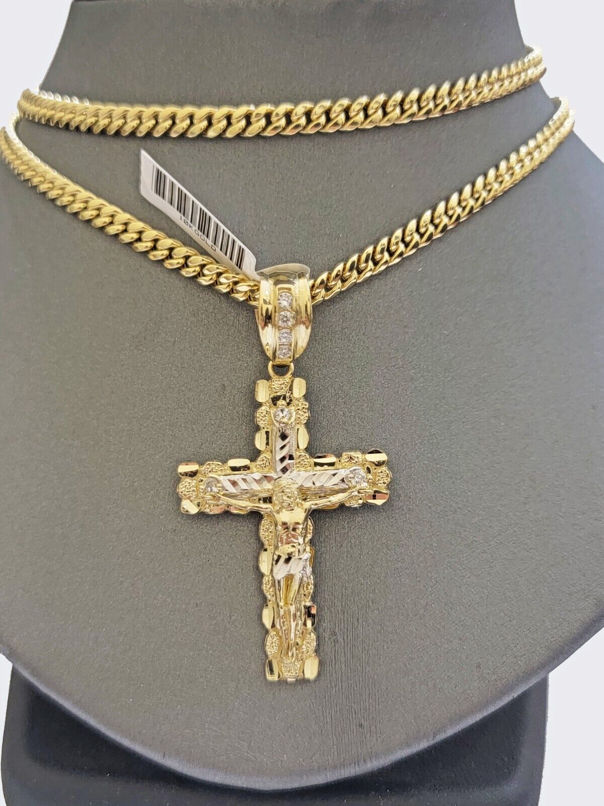 Real 10k Gold Nugget Cross & Cuban Link Chain 5mm 22" Necklace Charm pendant Set - Reva Jeweler