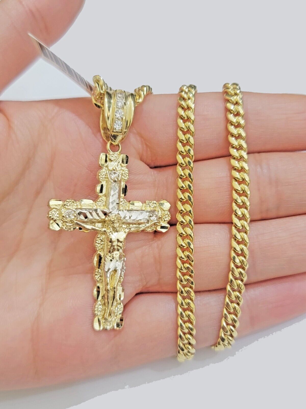Real 10k Gold Nugget Cross & Cuban Link Chain 5mm 26" Necklace Charm pendant Set - Reva Jeweler