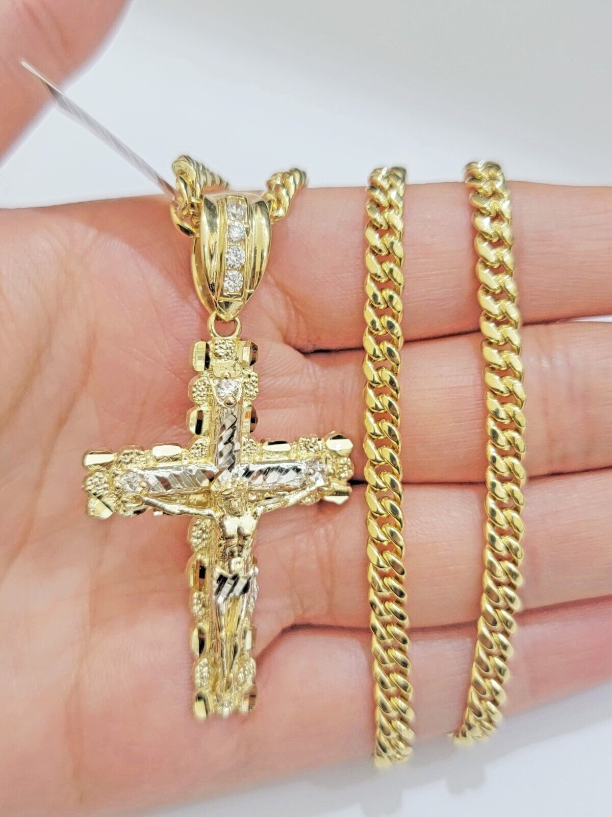Real 10k Gold Nugget Cross & Cuban Link Chain 5mm 26" Necklace Charm pendant Set - Reva Jeweler