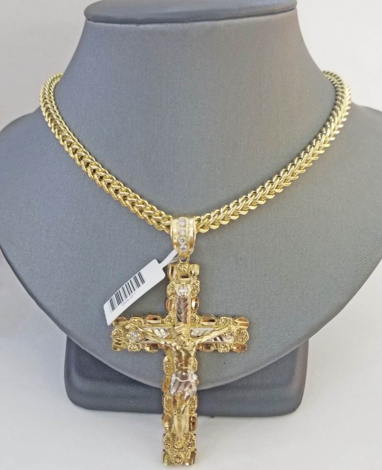 Real 10k Gold Nugget Cross Pendant Franco Necklace 4mm 24" Chain Charm SET 10kt - Reva Jeweler