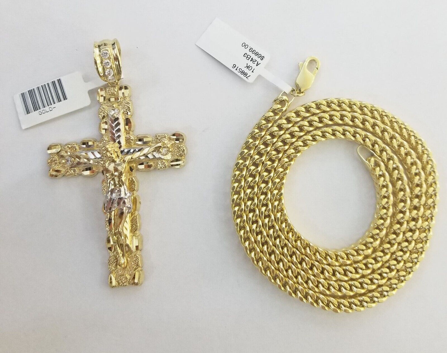 Real 10k Gold Nugget Cross Pendant Franco Necklace 4mm 24" Chain Charm SET 10kt - Reva Jeweler
