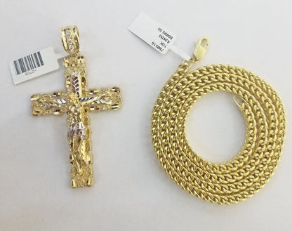 Real 10k Gold Nugget Cross Pendant Franco Necklace 4mm 24" Chain Charm SET 10kt - Reva Jeweler
