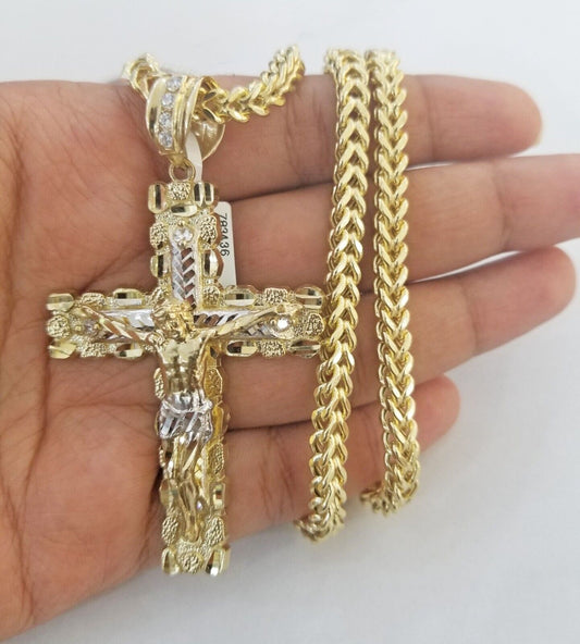 Real 10k Gold Nugget Cross Pendant Franco Necklace 4mm 24" Chain Charm SET 10kt - Reva Jeweler