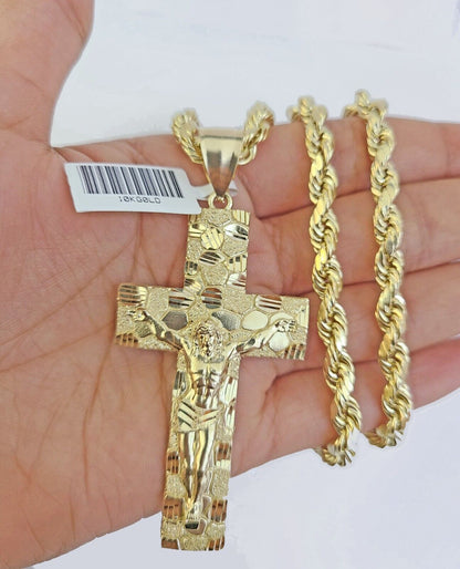 Real 10k Gold Nugget Cross Rope Necklace 6mm 24" Chain Charm SET 10kt - Reva Jeweler
