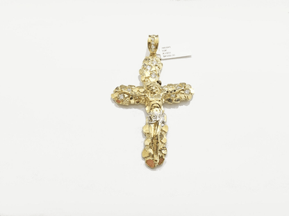 Real 10k Gold Nugget Jesus Cross Charm Pendant 3.5'' Inch 10KT Yellow Gold - GoldenlinQ