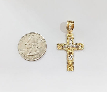 Real 10k Gold Nugget Jesus Crucifix Cross Pendant Charm 10kt Yellow Gold - GoldenlinQ