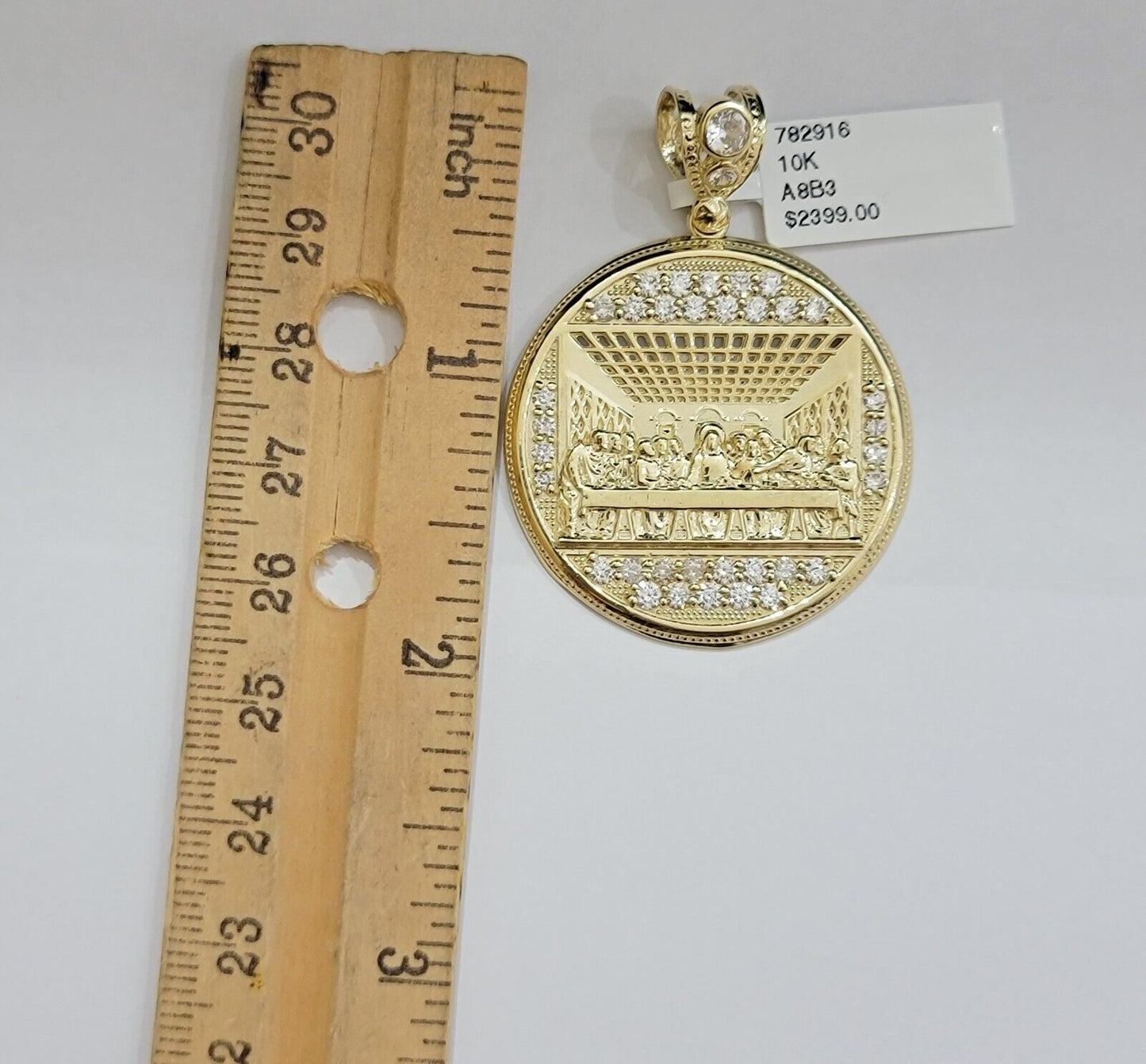Real 10k Gold Pendant Charm Last Supper Jesus 10kt Yellow Gold With Stones , New - Reva Jeweler