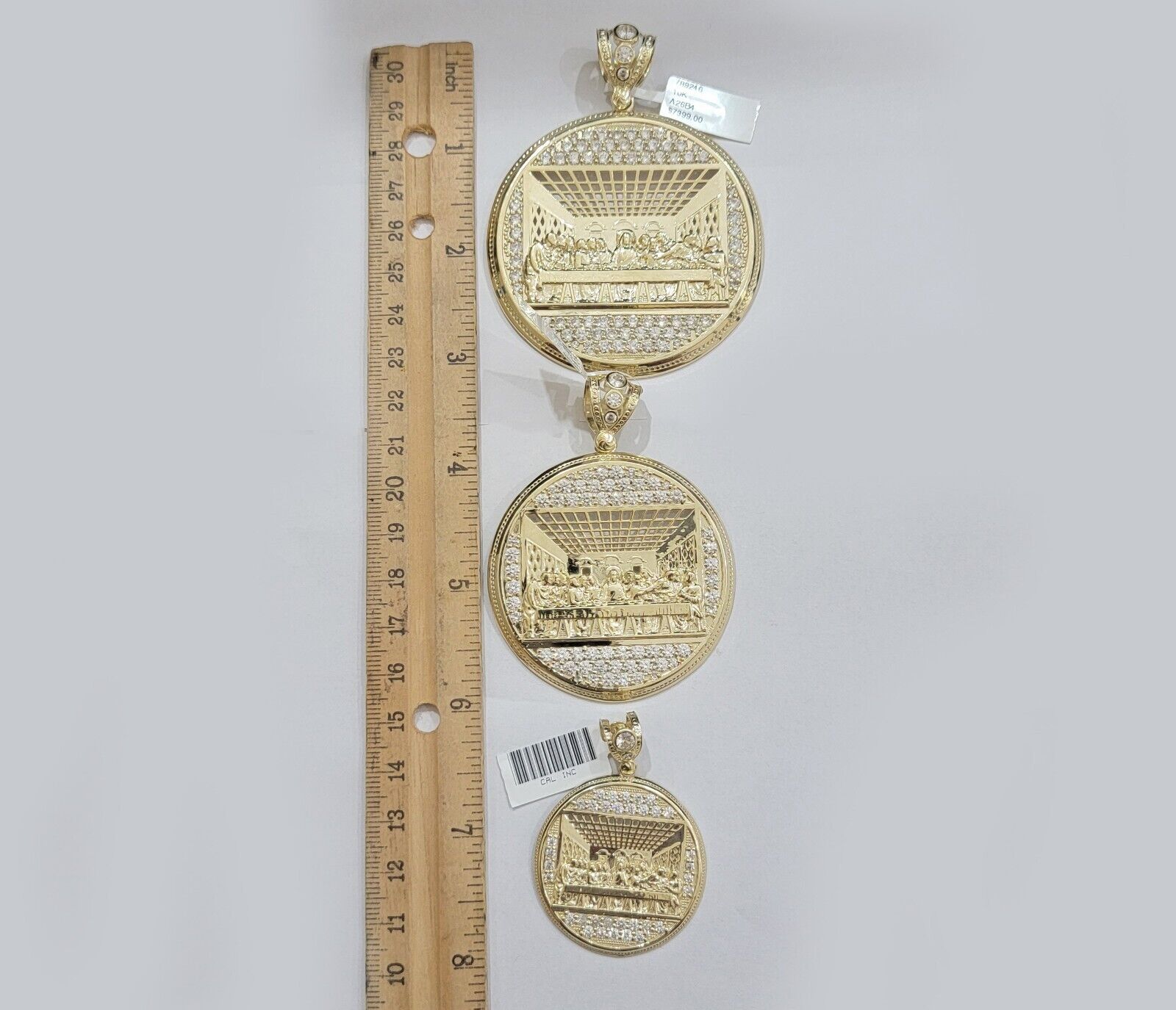 Real 10k Gold Pendant Charm Last Supper Jesus 10kt Yellow Gold With Stones , New - Reva Jeweler