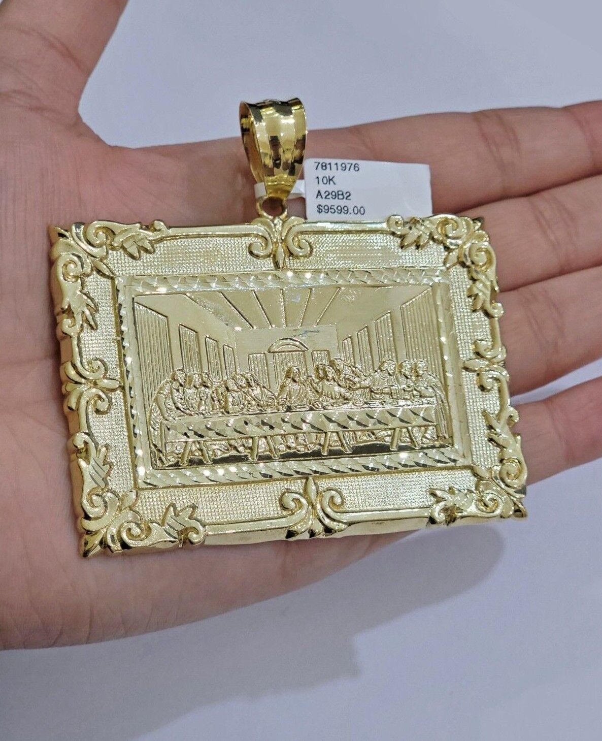 Real 10k Gold Pendant Charm Last Supper Square Jesus 10kt Yellow 1.5 - 3 Inch SALE - Reva Jeweler