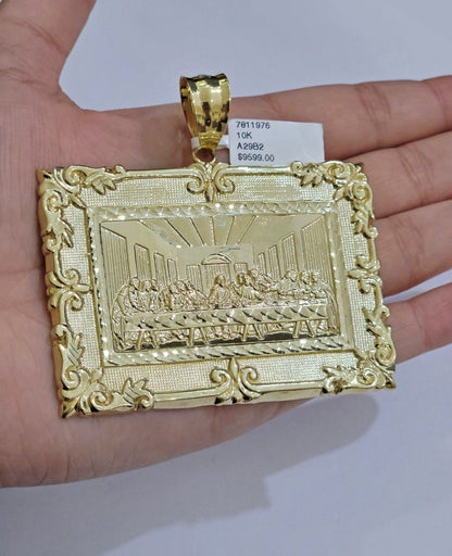 Real 10k Gold Pendant Charm Last Supper Square Jesus 10kt Yellow 1.5 - 3 Inch SALE - Reva Jeweler
