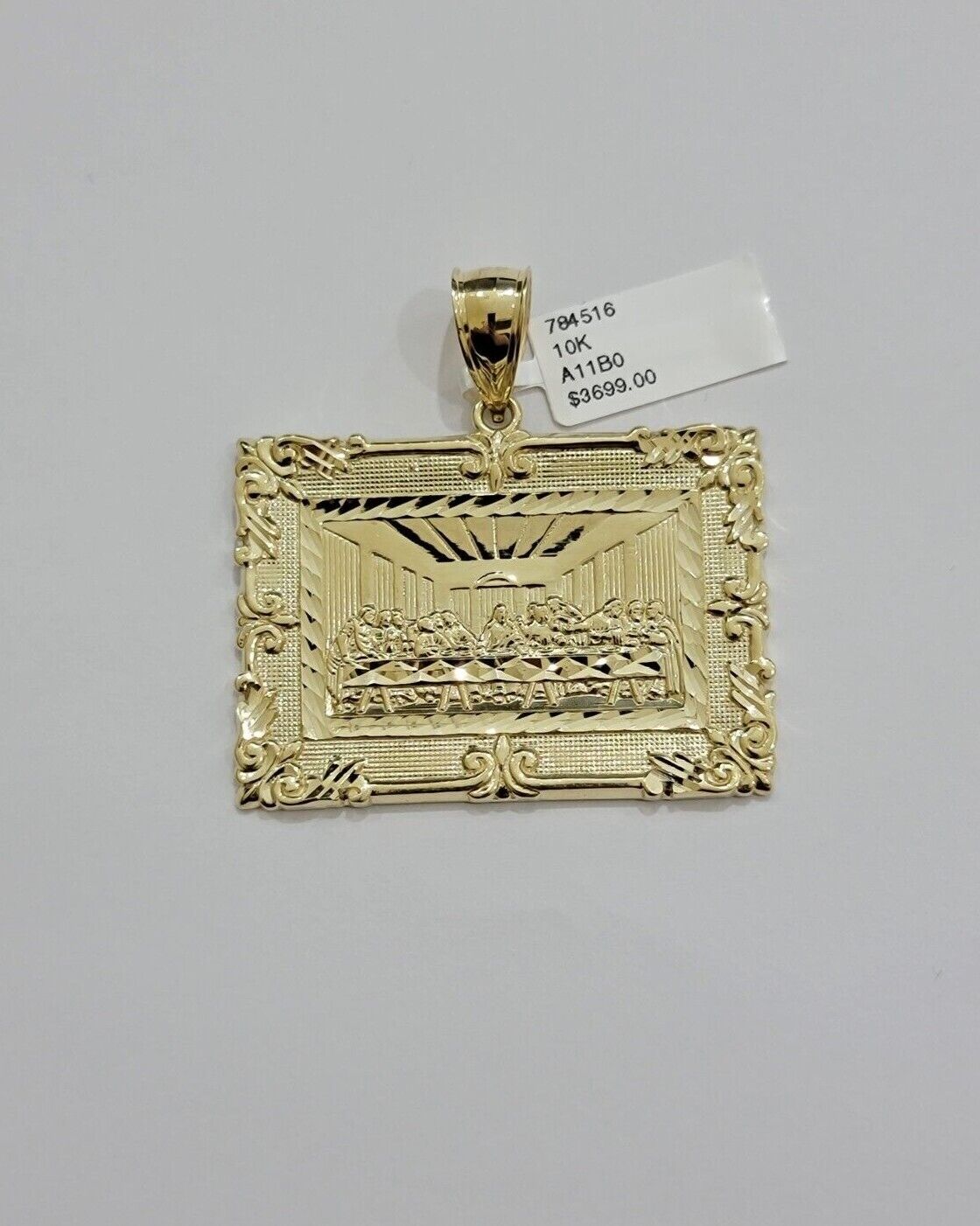 Real 10k Gold Pendant Charm Last Supper Square Jesus 10kt Yellow 1.5 - 3 Inch SALE - Reva Jeweler