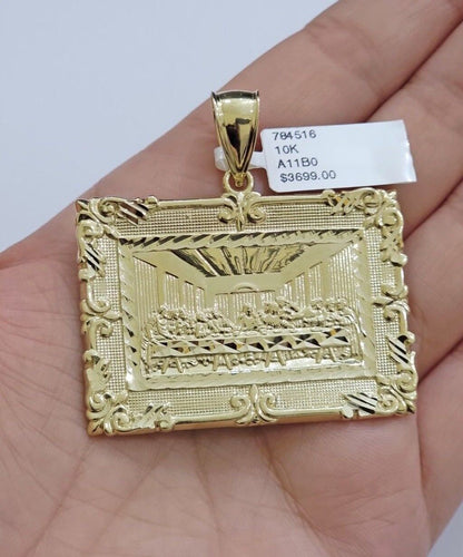 Real 10k Gold Pendant Charm Last Supper Square Jesus 10kt Yellow 1.5 - 3 Inch SALE - Reva Jeweler