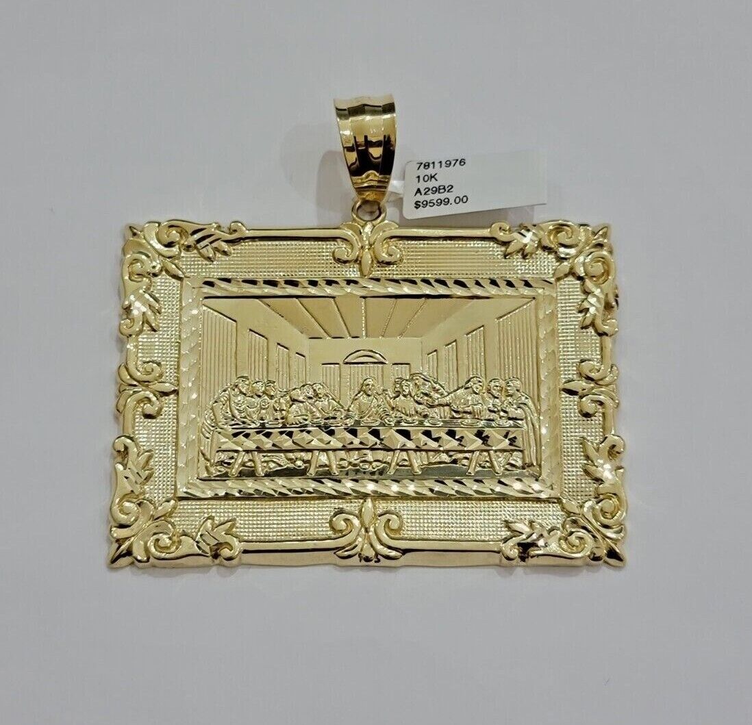 Real 10k Gold Pendant Charm Last Supper Square Jesus 10kt Yellow 1.5 - 3 Inch SALE - Reva Jeweler