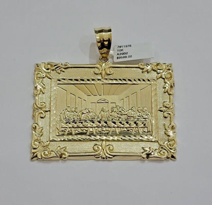 Real 10k Gold Pendant Charm Last Supper Square Jesus 10kt Yellow 1.5 - 3 Inch SALE - Reva Jeweler