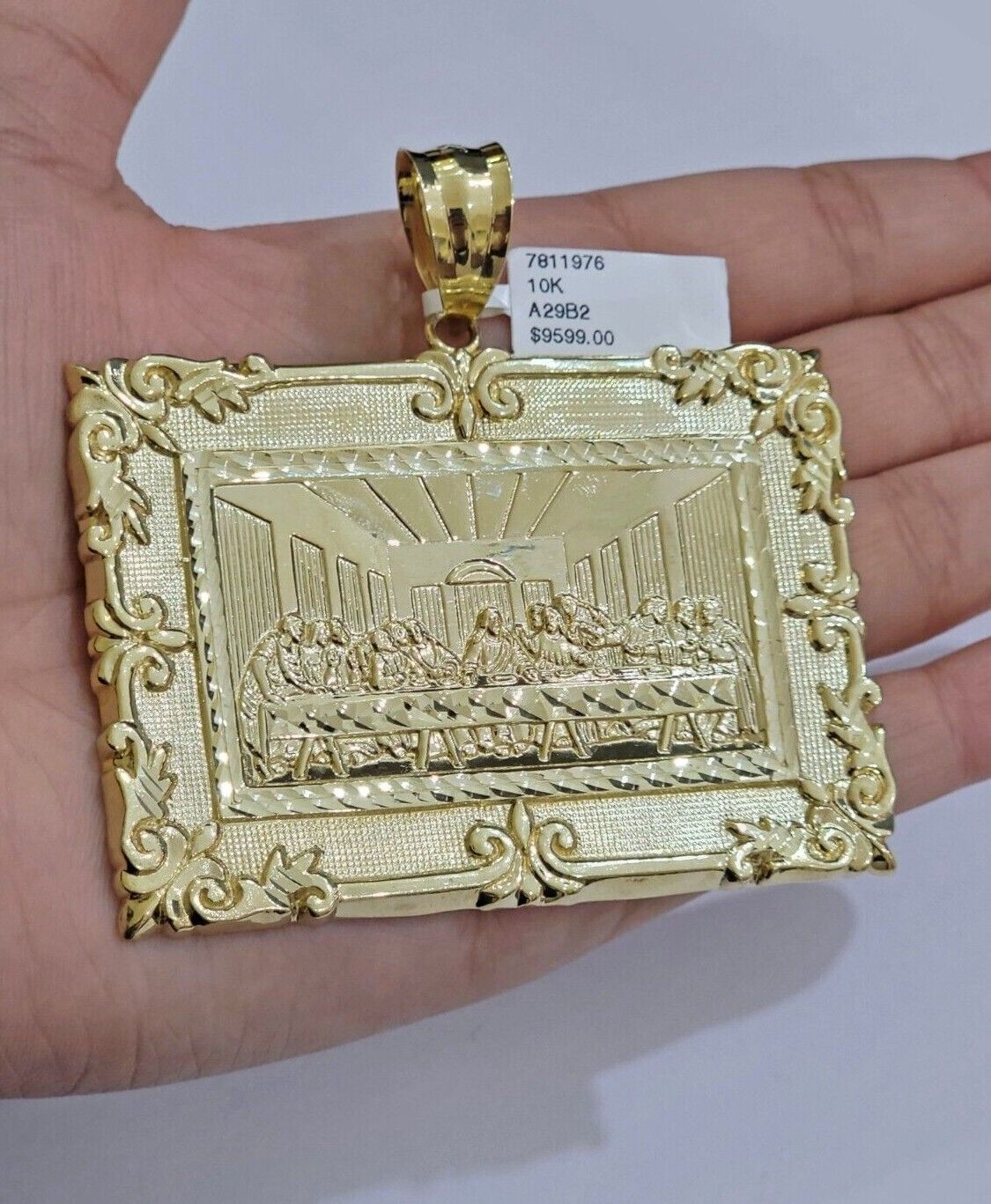 Real 10k Gold Pendant Charm Last Supper Square Jesus 10kt Yellow 1.5 - 3 Inch SALE - Reva Jeweler