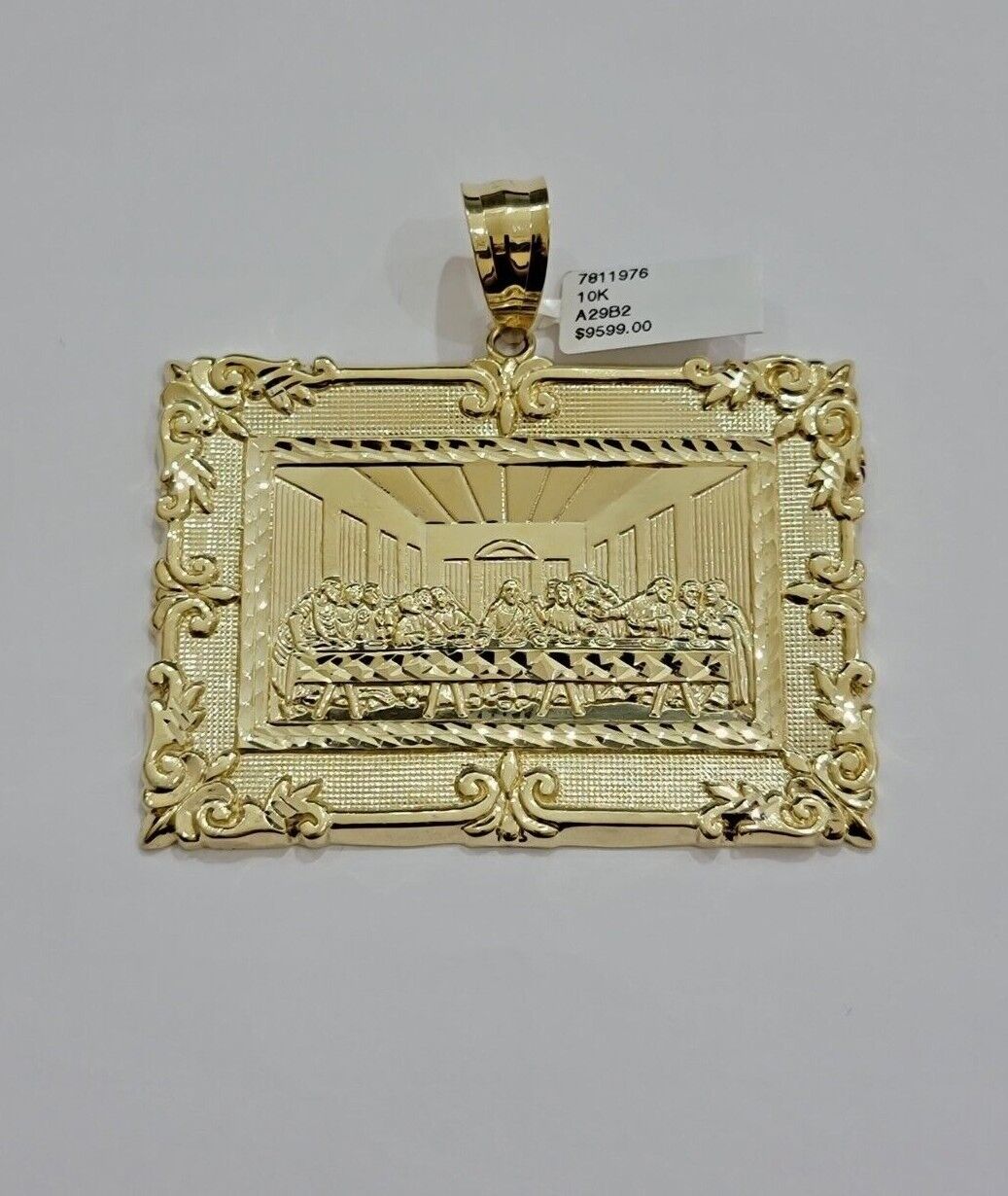 Real 10k Gold Pendant Charm Last Supper Square Jesus 10kt Yellow 1.5 - 3 Inch SALE - Reva Jeweler