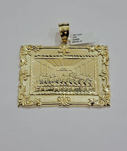 Real 10k Gold Pendant Charm Last Supper Square Jesus 10kt Yellow 1.5 - 3 Inch SALE - Reva Jeweler