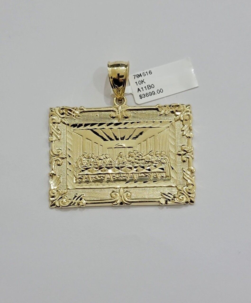 Real 10k Gold Pendant Charm Last Supper Square Jesus 10kt Yellow 1.5 - 3 Inch SALE - Reva Jeweler