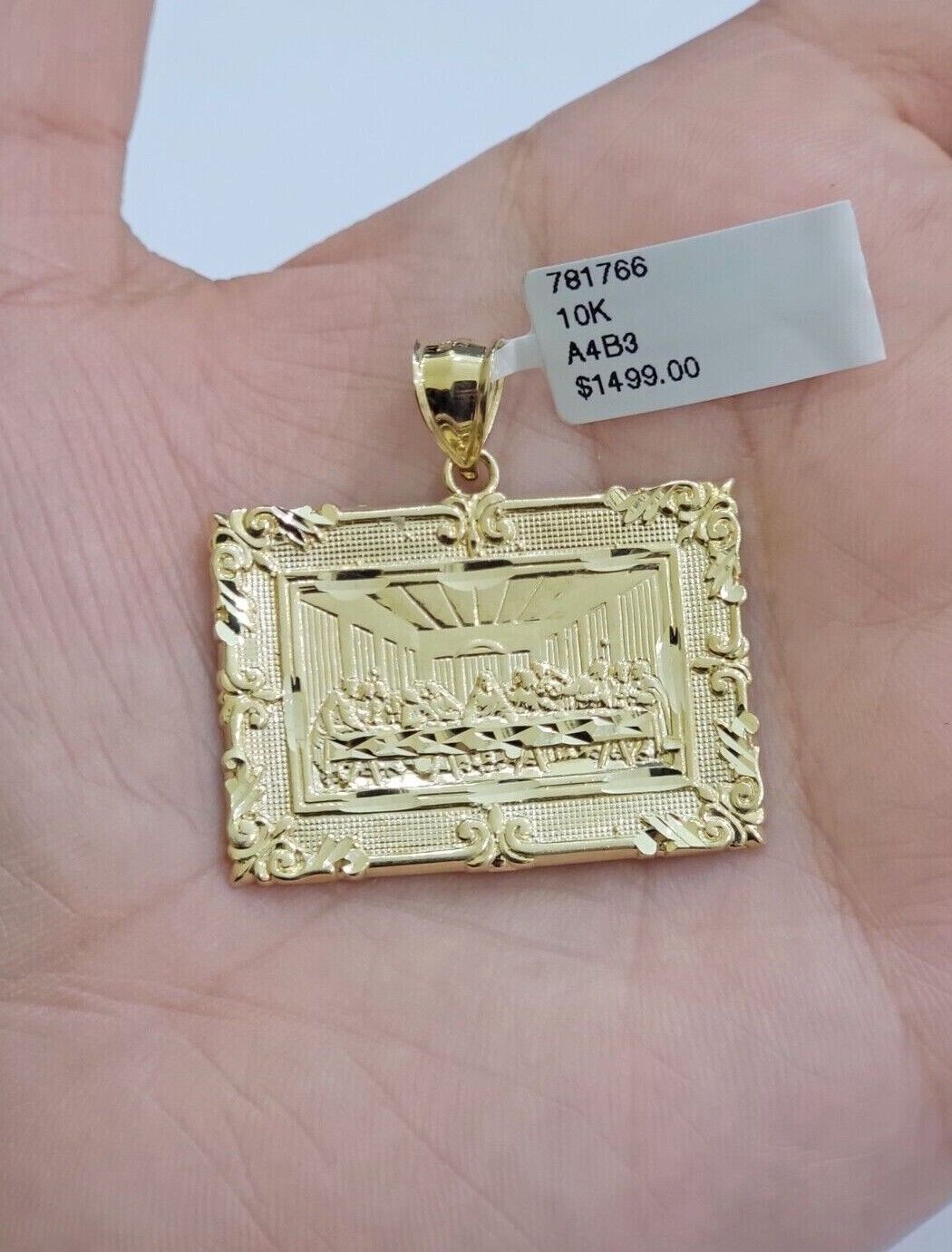 Real 10k Gold Pendant Charm Last Supper Square Jesus 10kt Yellow 1.5 - 3 Inch SALE - Reva Jeweler